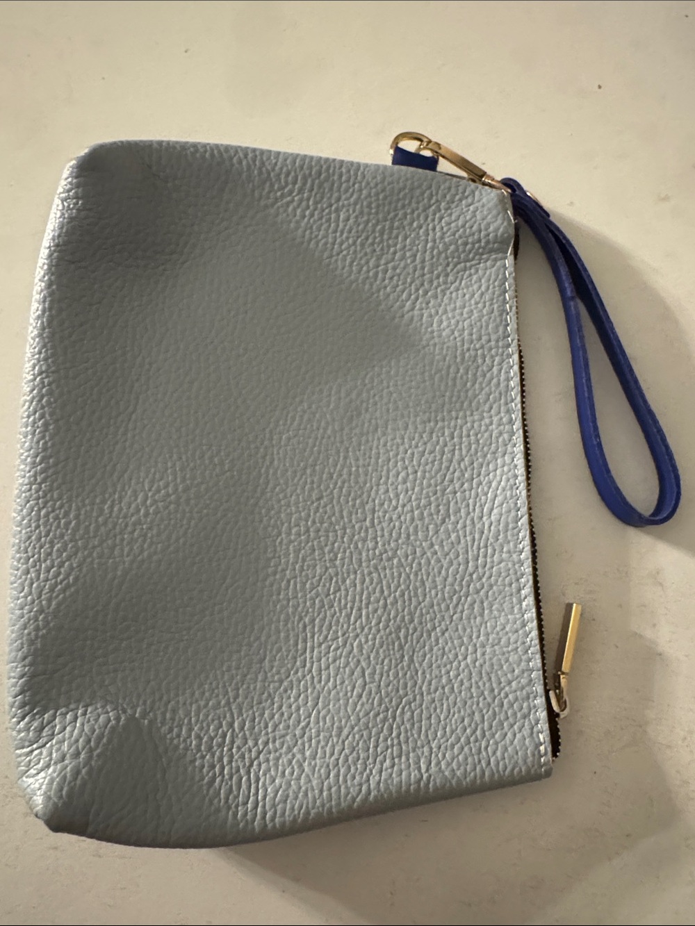 Italian Shoemakers Light Gray Leather Wristlet Clutch with Blue Strap